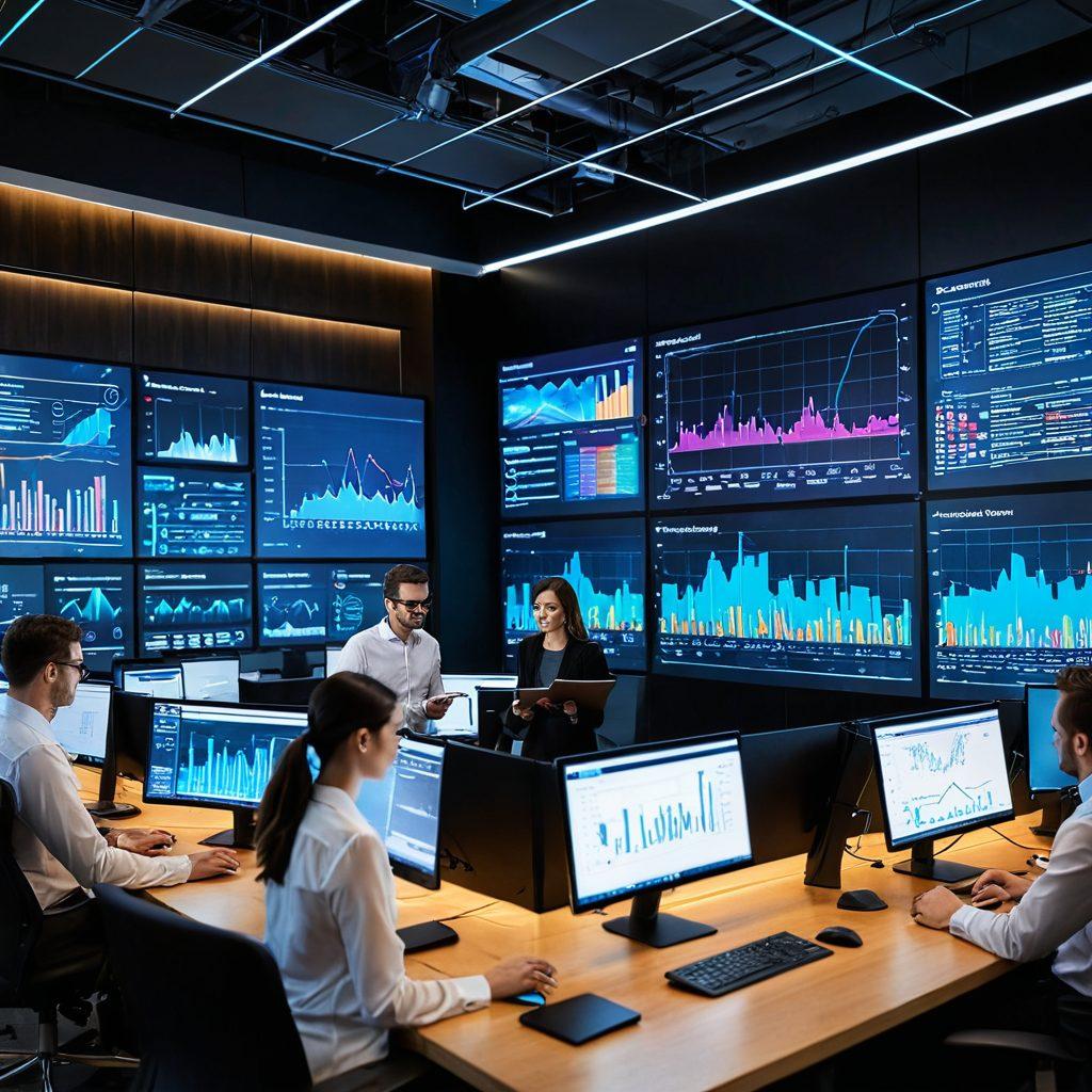 A modern office environment showcasing diverse professionals engaged in data analytics using advanced technology like screens displaying charts and graphs. Elements of business intelligence such as data mining, cloud computing, and collaboration are visually represented. The atmosphere is dynamic and innovative, reflecting a streamlined approach to data processing. Use vibrant colors and futuristic design elements. super-realistic. vibrant colors. 3D.