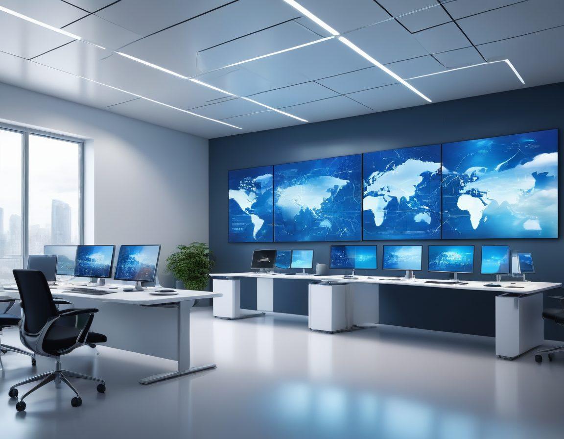 A modern, sleek office environment showcasing a diverse team of professionals collaborating over large digital screens displaying complex data visualizations. Bright, accessible cloud icons float above, symbolizing cloud computing, while an abstract representation of data flow connects everything. The atmosphere should feel dynamic and innovative, illustrating the transformative power of technology in enterprises. super-realistic. vibrant colors. 3D.