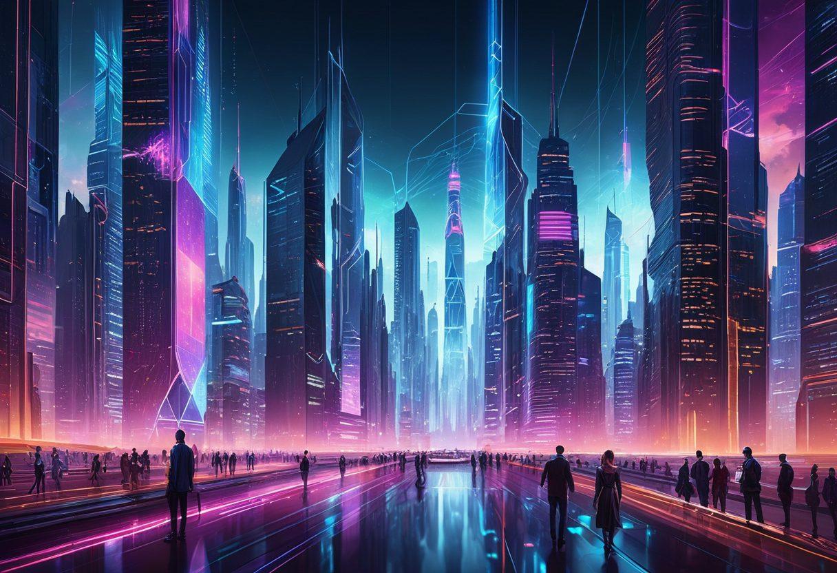 A futuristic cityscape showcasing a blend of digital landscapes with glowing network connections. Include a diverse team of IT consultants collaborating with holographic interfaces, emphasizing integration and innovation. Highlight elements symbolizing Racle Solutions, like the logo and digital tools. Add dynamic animations and data flow effects in the background to represent transformation. cyberpunk. vibrant colors.